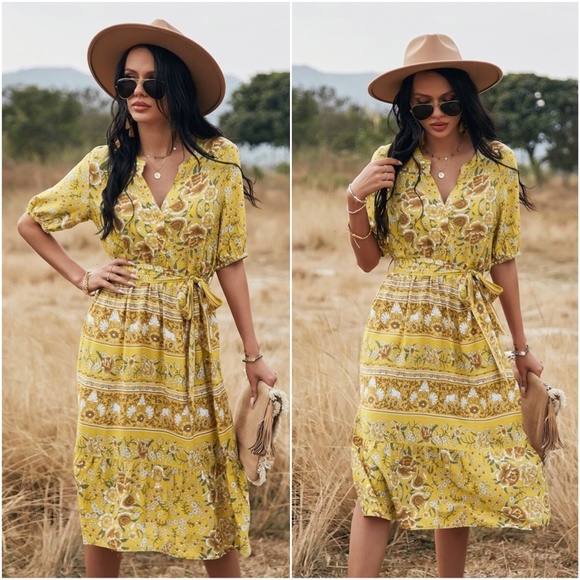 boho floral print v neck belted side slit dress - Picture 4 of 6